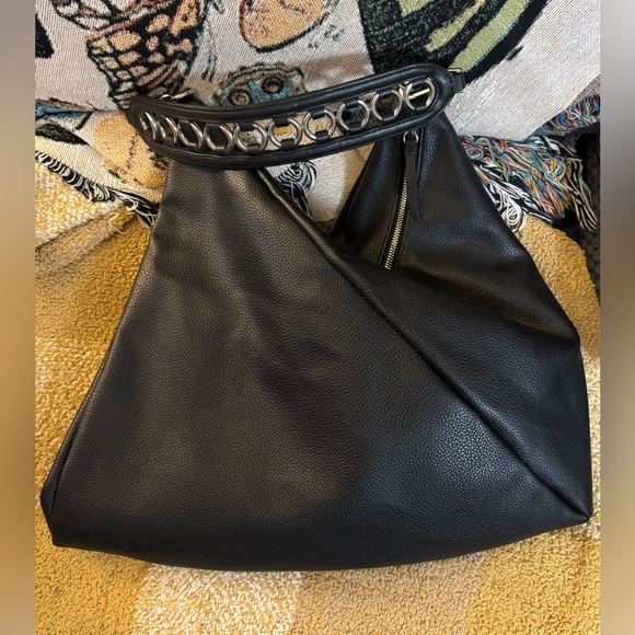 Calvin Klein Geo Rocky Road Tote Bag, Black w/ Metal Detail Shoulder Strap - Picture 5 of 10